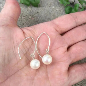 Pearl Drop Earrings, Minimalist Earrings, June Birthstone, 10mm Pearls Earrings